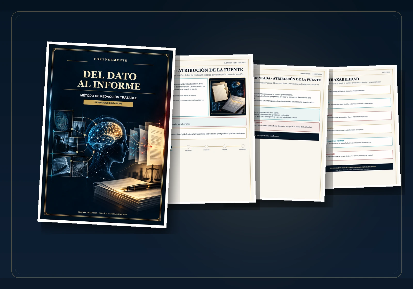 Portada de Del Dato al Informe junto a páginas interiores con la ruta de trazabilidad y un ejercicio comentado